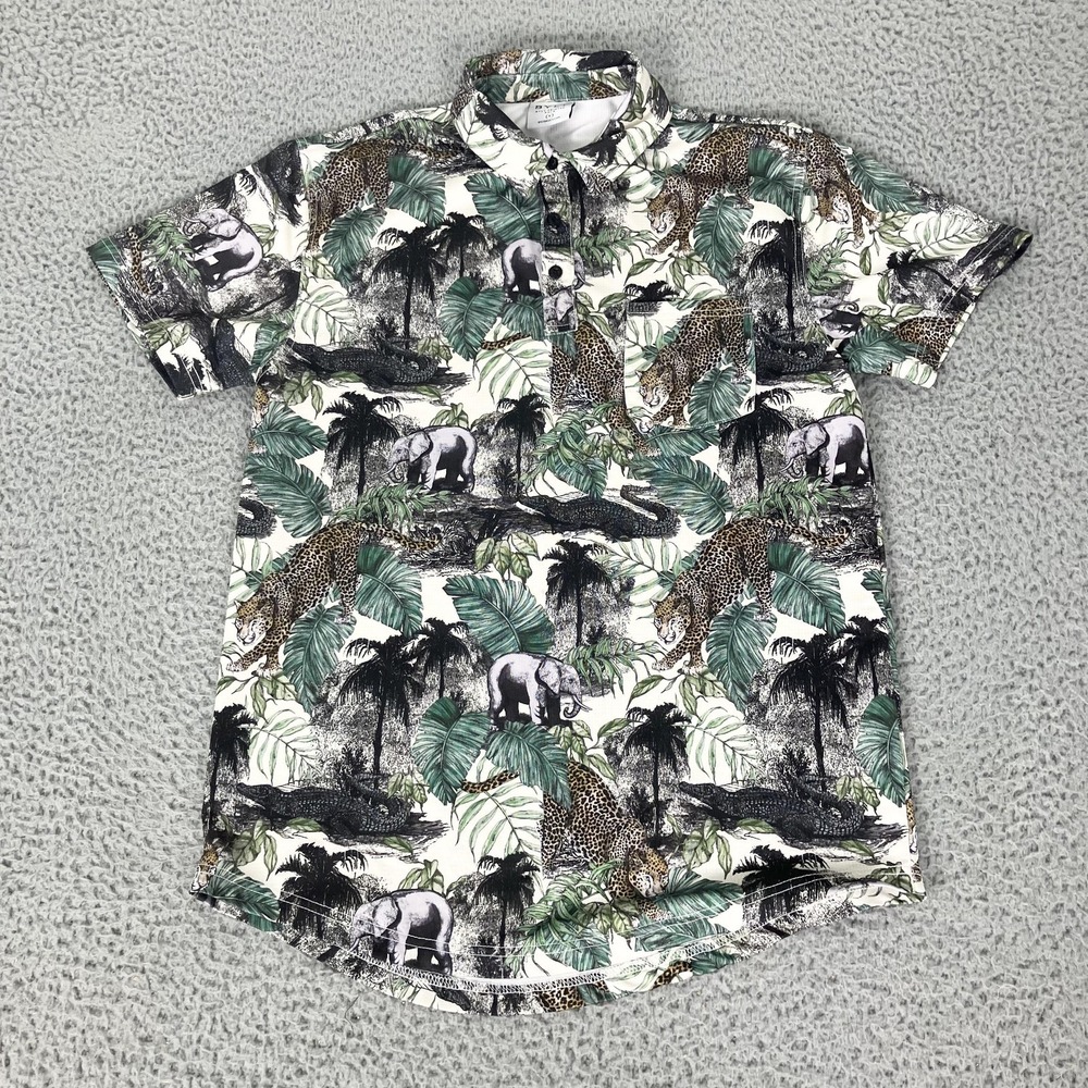 BYLT Polo Shirt Mens Small Jungle Animal Print Stretch Short Sleeve Casual